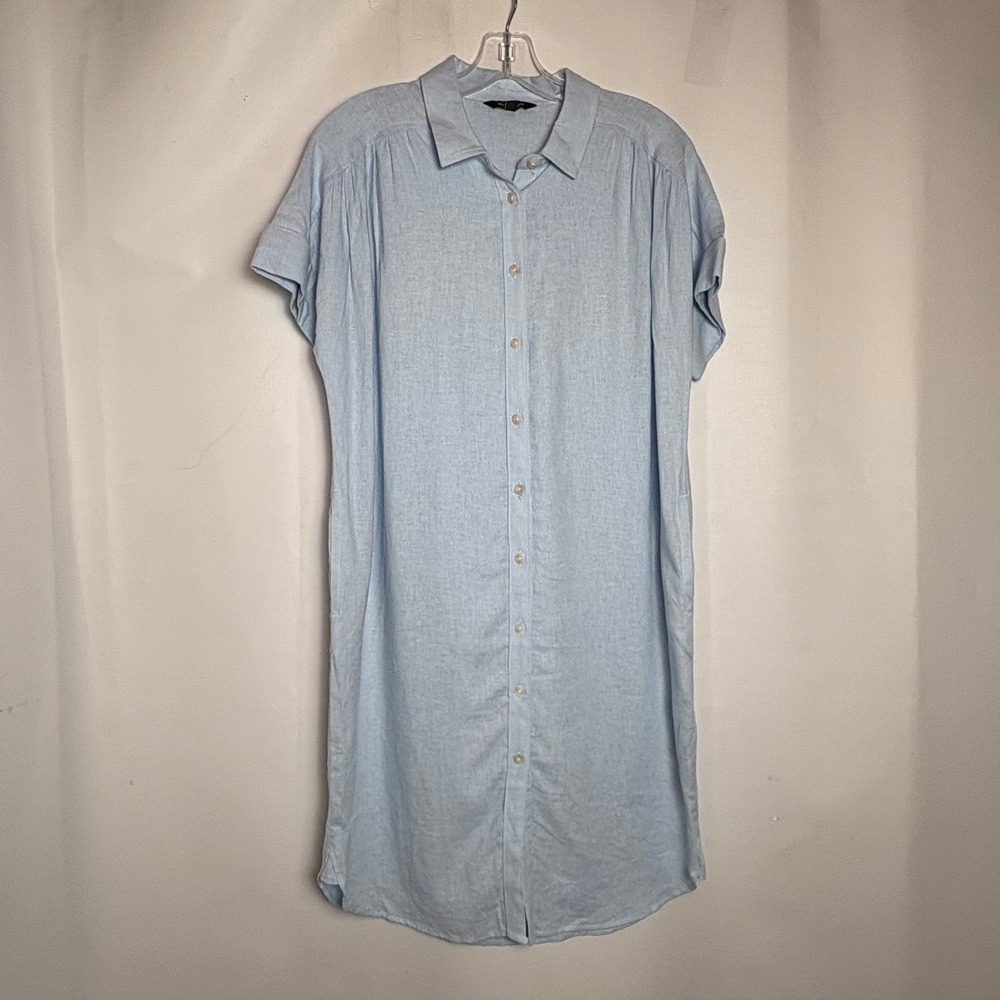 Well Worn Light Blue Linen Blend Button Front Short Sleeve Shirt Dress Medium